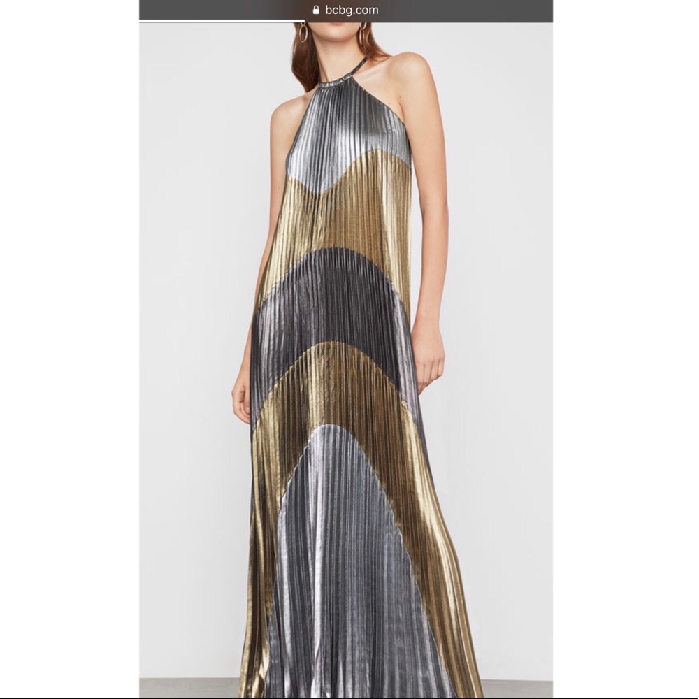 BCBGMAXAZRIA Metallic Colorblocked Pleated Gown